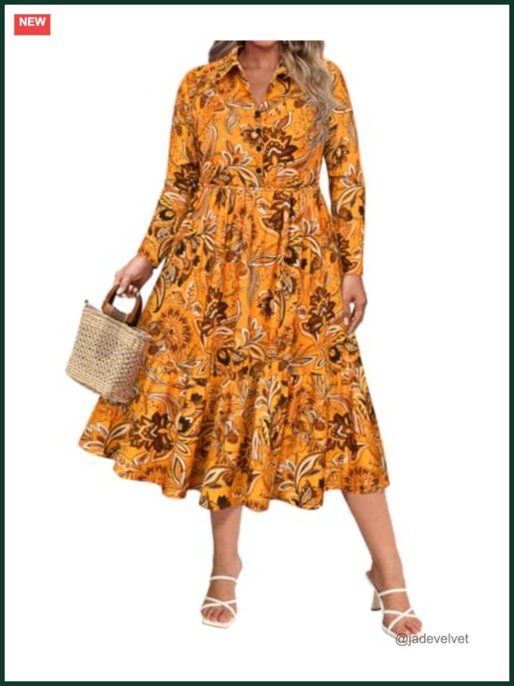Plus Size Collared V-Neck Long Sleeve Midi Dress with Pockets